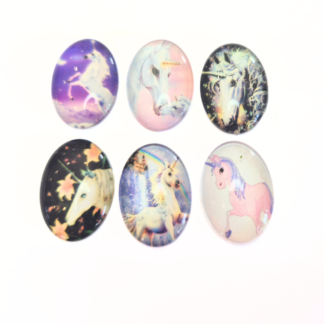 6 glas-cabochoner med enhörningsmotiv 25x18 mm (20311)